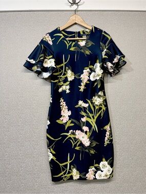 4 Tommy Hilfiger Floral Navy Sheath Dress with Ruffle Sleeves
